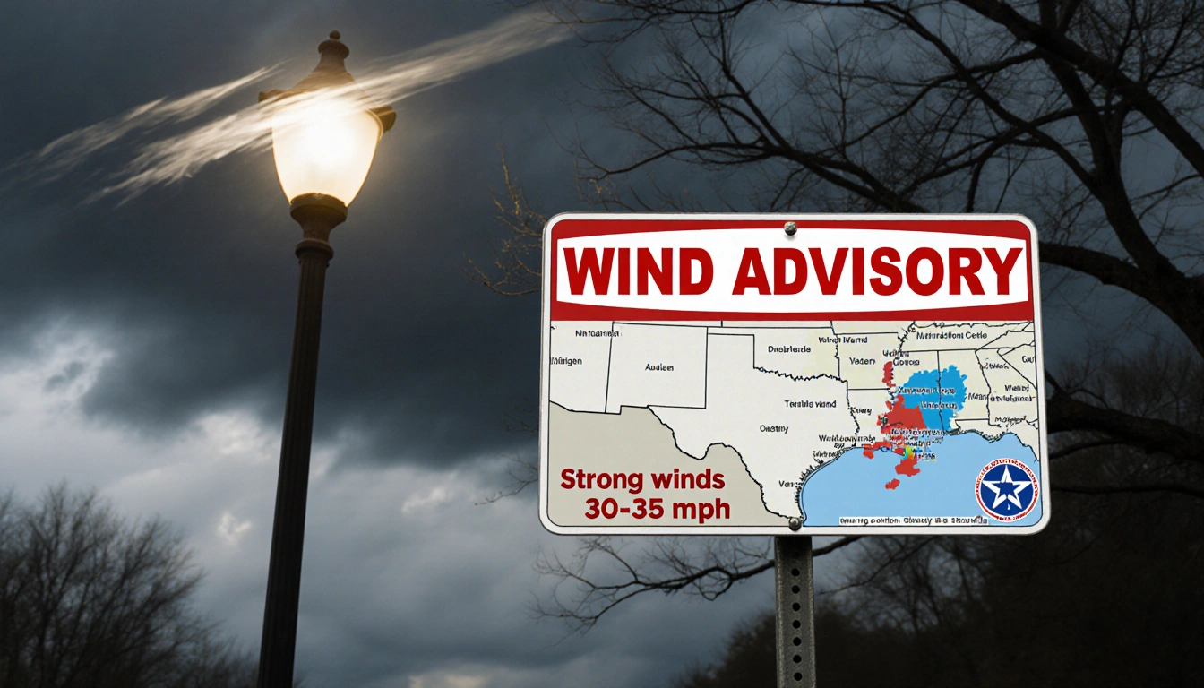 Wind advisory sign on lamppost flashing with red text while a stormy sky swirls above and a Central Texas map highlights wind