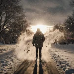Person bracing against winter wind with snow swirling around and holiday lights glowing on frosty trees
