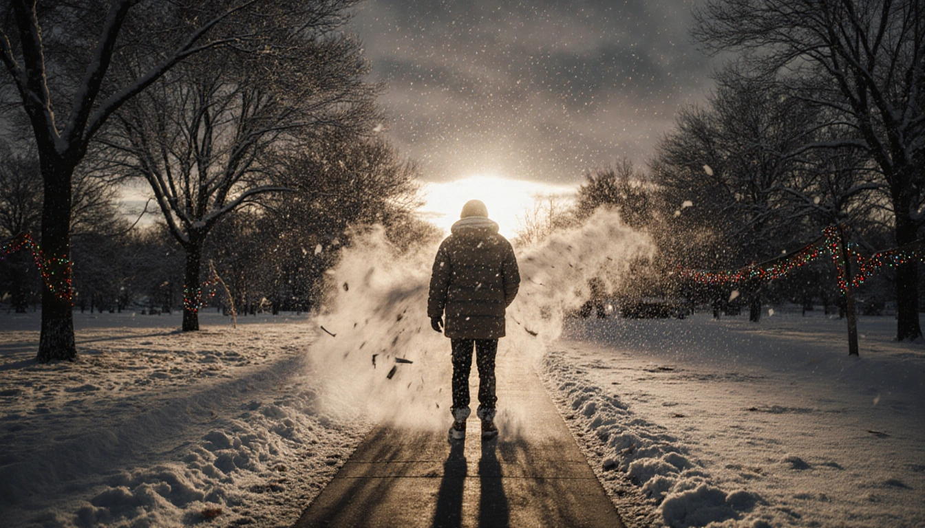 Person bracing against winter wind with snow swirling around and holiday lights glowing on frosty trees