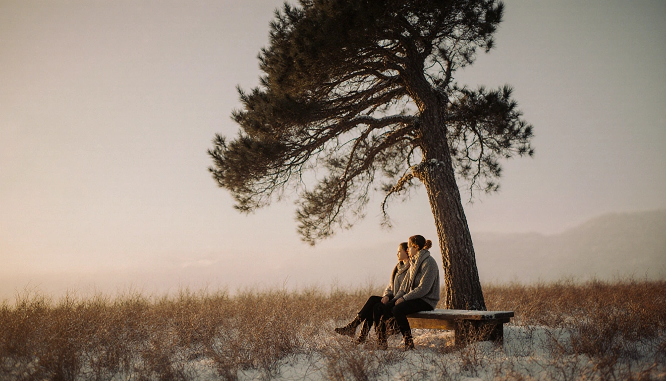 Person sits on wooden bench with cozy light and a majestic cedar tree in a snowy winter landscape.