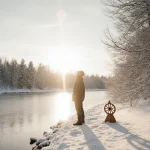 Lone figure standing at frozen lake edge with snow‑covered trees and a sunlit wooden solstice statue