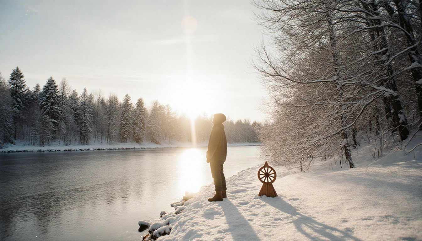 Lone figure standing at frozen lake edge with snow‑covered trees and a sunlit wooden solstice statue