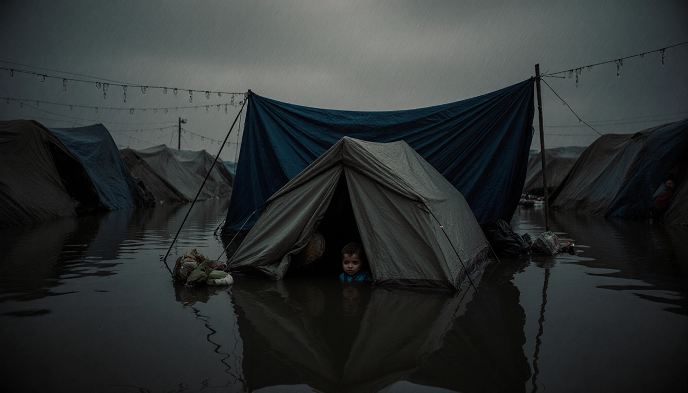 Submerged tent floating in murky rainwater with infant silhouette hidden under tarpaulin