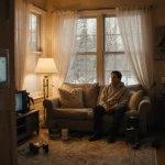 Person sits on couch with warm golden lighting and frosty windows in a cozy winter home and a visible thermostat