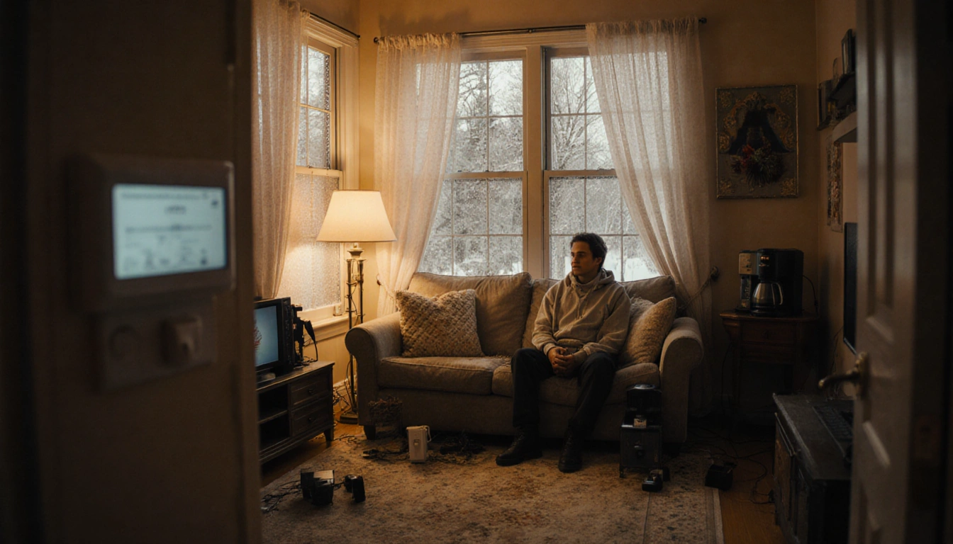 Person sits on couch with warm golden lighting and frosty windows in a cozy winter home and a visible thermostat