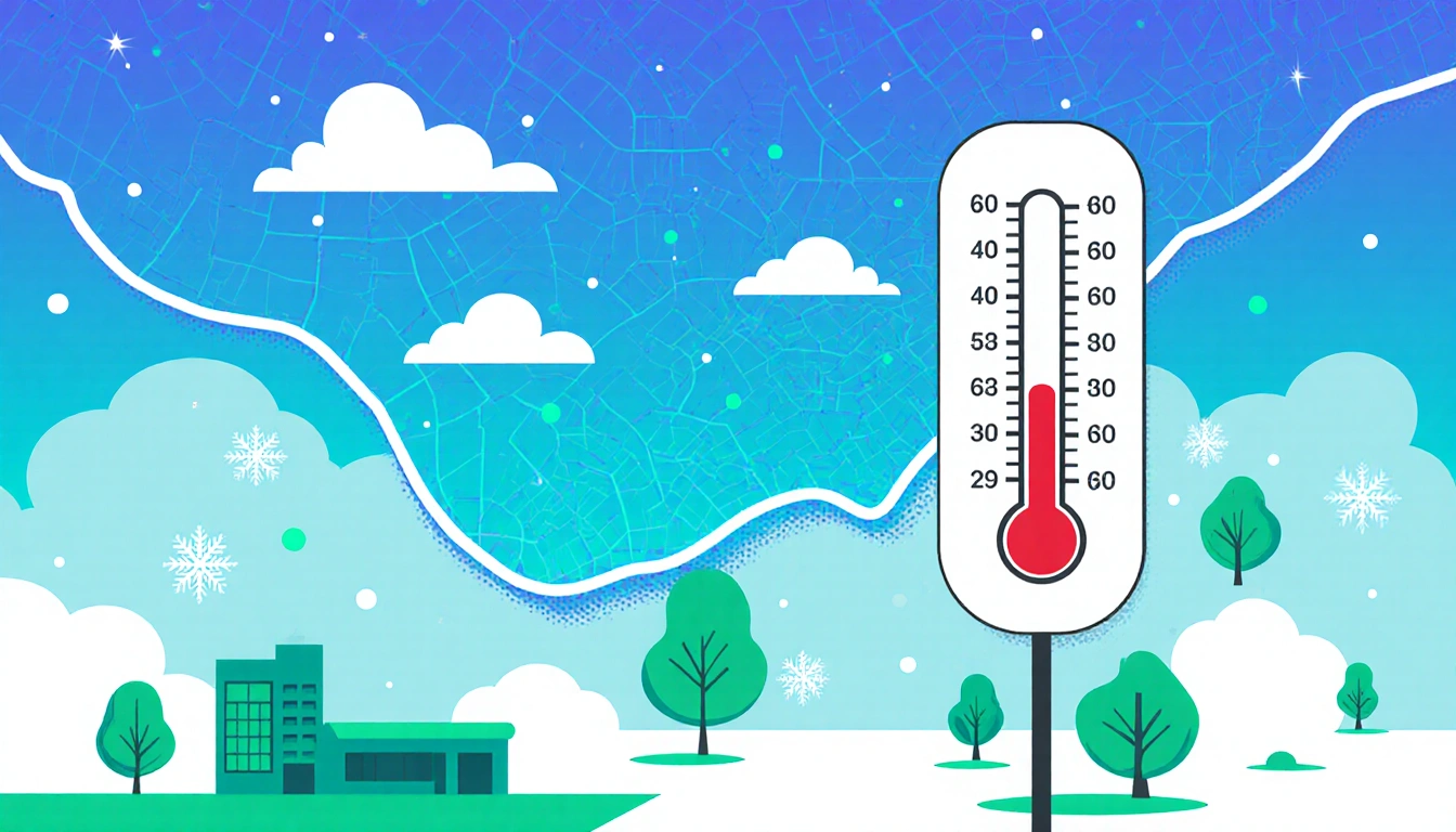 Illustration depicting Central Texas winter with blue-green highs and darker lows and weather map marking Austin's cold drop
