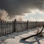 Worn wooden fence standing against a stormy winter sky with a charred branch on the ground long shadows over the ground wind