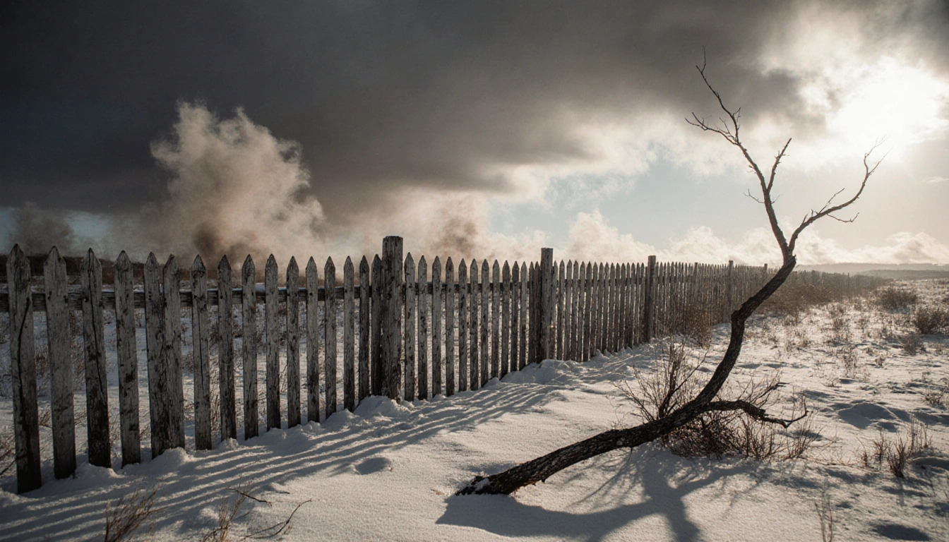 Worn wooden fence standing against a stormy winter sky with a charred branch on the ground long shadows over the ground wind
