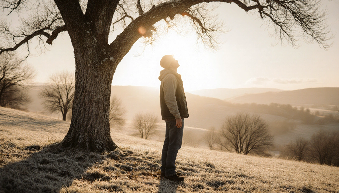 Figure in casual Central Texas attire gazing up at sunrise with weathered oak tree and misty winter hills behind