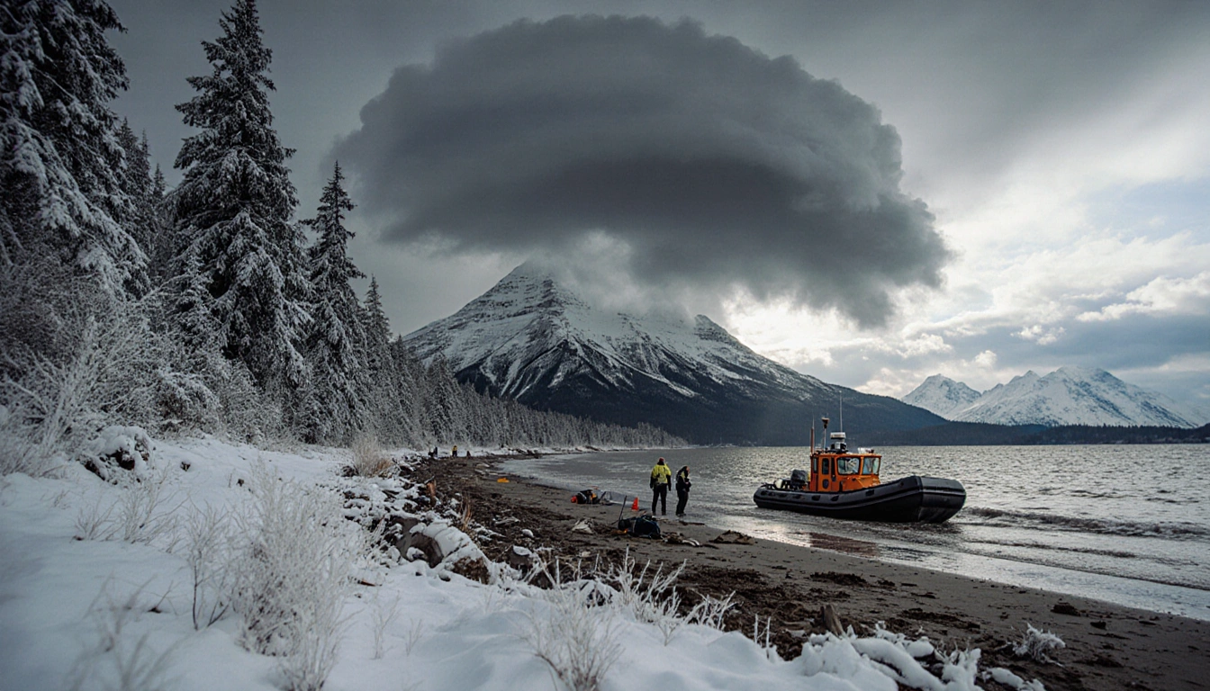 Emergency crew deploying a rescue boat with snow‑covered shore and dark storm cloud above Olympic Mountains