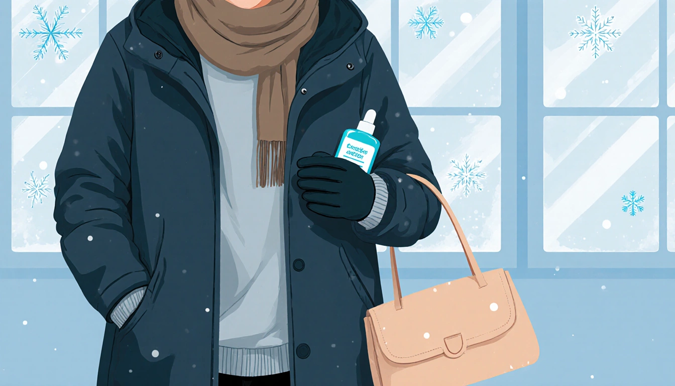 Person layering winter clothing with hand sanitizer bottle nearby and snowflakes in background