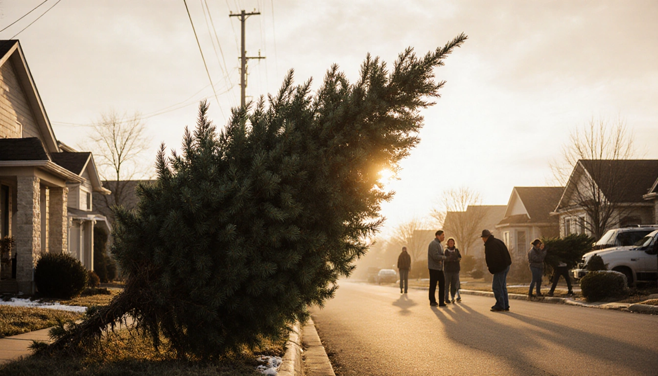 Curbside Christmas tree stands on Austin curb with branches slightly bent under golden sunlight as neighbors place trees near