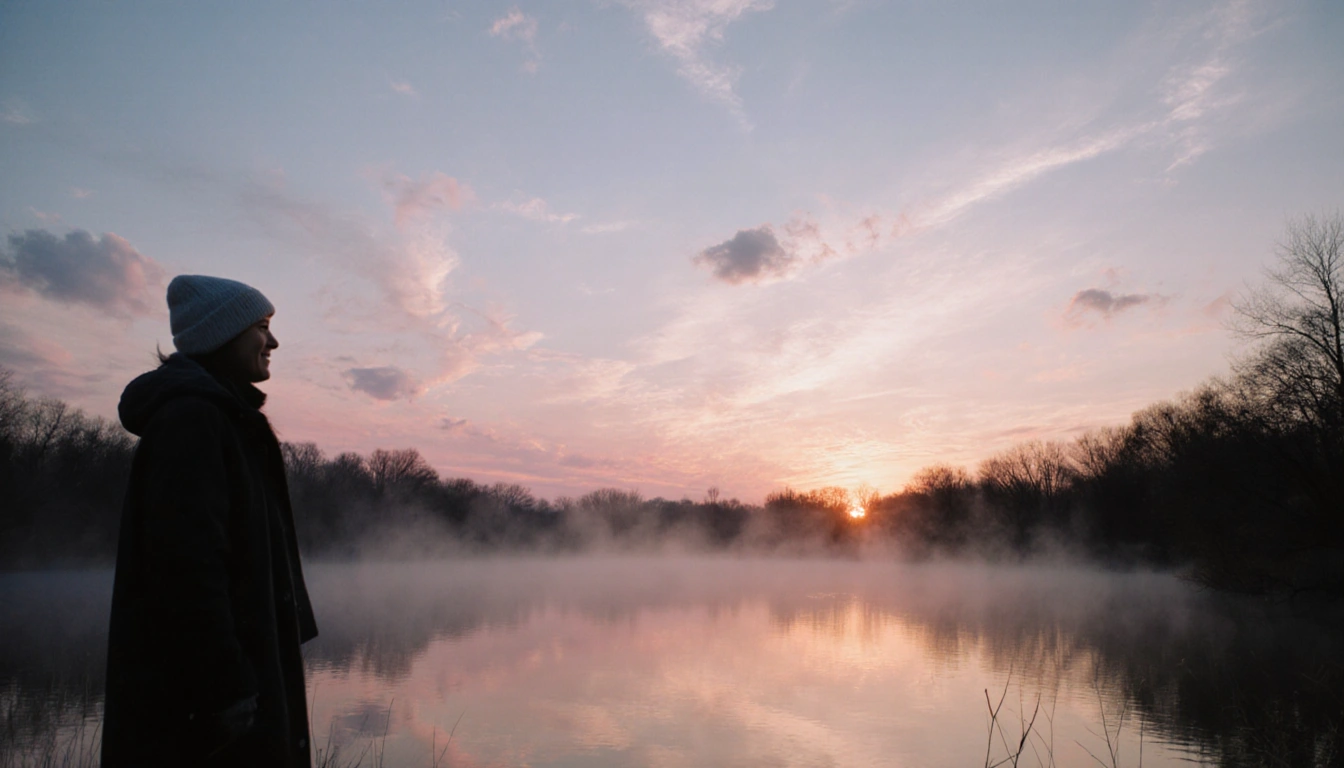 Lone figure standing at lake edge gazing east with sunrise glow and mist over winter morning lake
