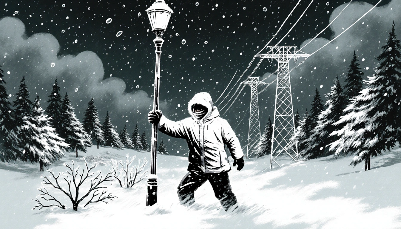 Person holding lamppost with wind swirling around them and snow-covered trees and frozen raindrops in a dark winter sky.