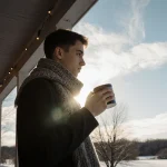 Young adult holding a steaming cup of coffee wrapped in a scarf with festive lights on porch in winter landscape