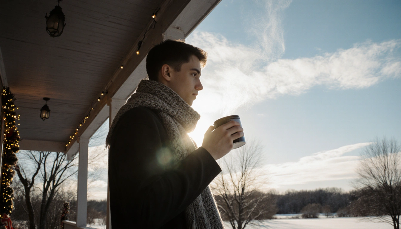 Young adult holding a steaming cup of coffee wrapped in a scarf with festive lights on porch in winter landscape