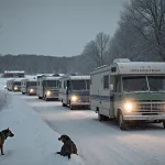 Vintage RVs drive down a rural road with warm headlights illuminating trees and shelter animals peeking from wheels