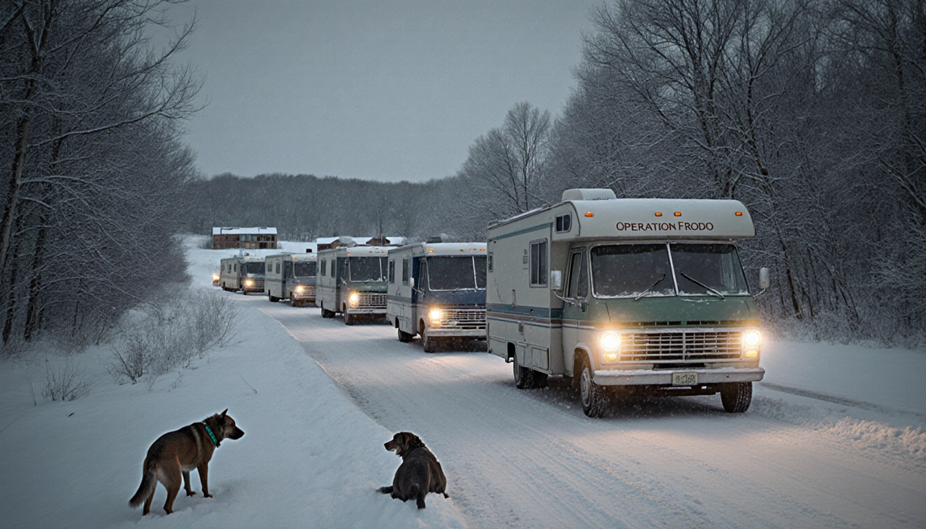 Vintage RVs drive down a rural road with warm headlights illuminating trees and shelter animals peeking from wheels