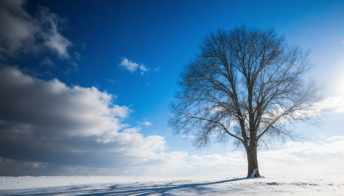 Lone tree standing tall with dappled sunlight filtering through leaves and bright blue winter sky