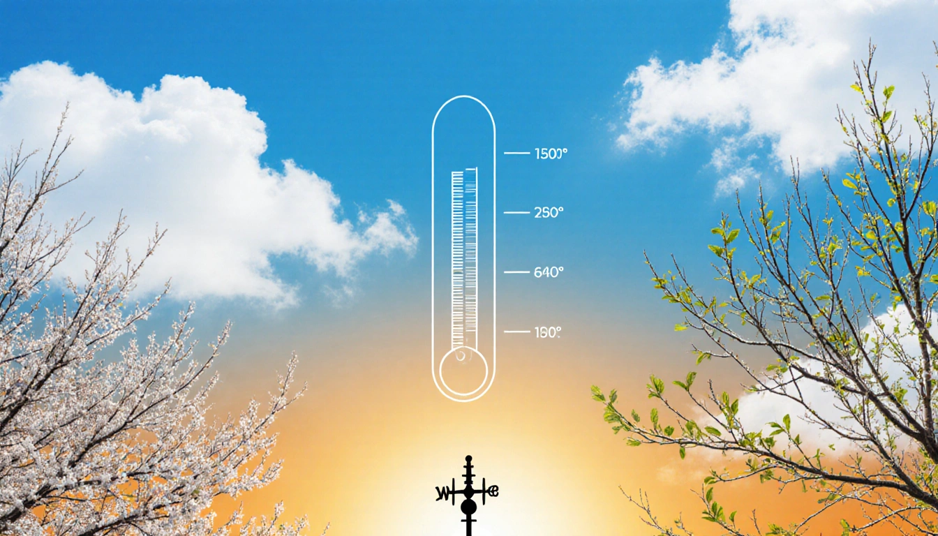 Thermometer indicating rising temperature with blooming trees near a warm orange horizon.
