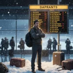 Traveler checking departures board at airport terminal with scattered suitcases and snow falling outside