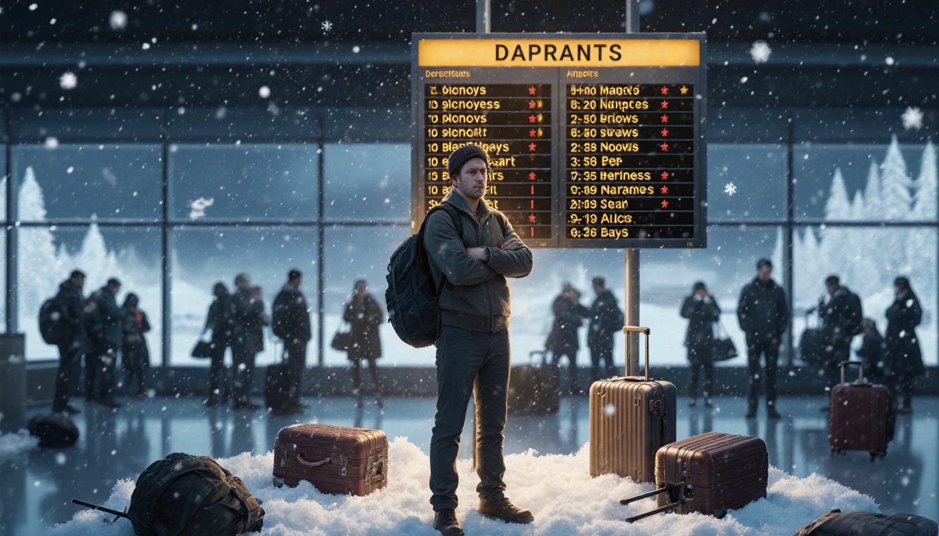 Traveler checking departures board at airport terminal with scattered suitcases and snow falling outside