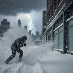 Lone hiker bracing against fierce blizzard on snow-covered street with blurred city skyline and lightning flashes in sky