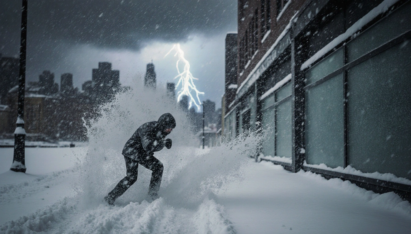 Lone hiker bracing against fierce blizzard on snow-covered street with blurred city skyline and lightning flashes in sky