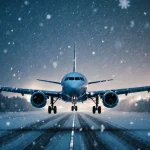 Plane hovering over snowy runway with swirling snowflakes and warm airport lights.