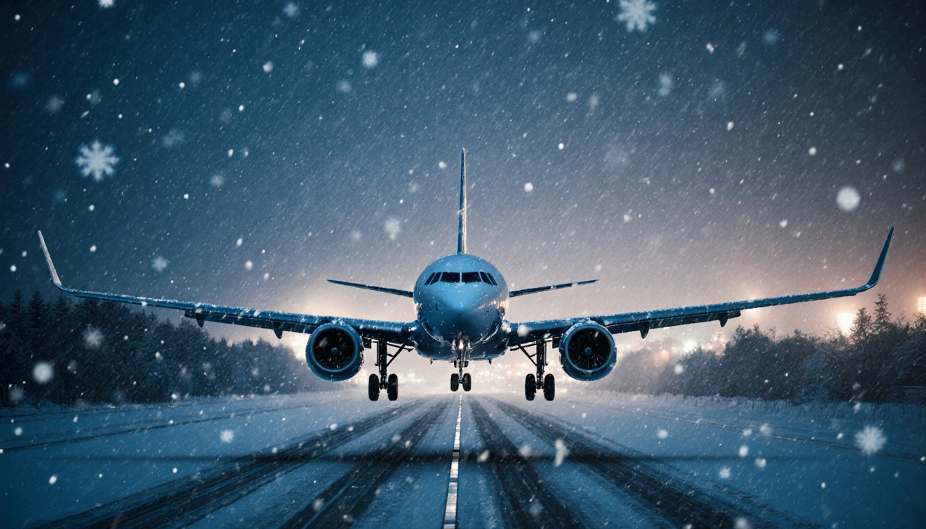 Plane hovering over snowy runway with swirling snowflakes and warm airport lights.