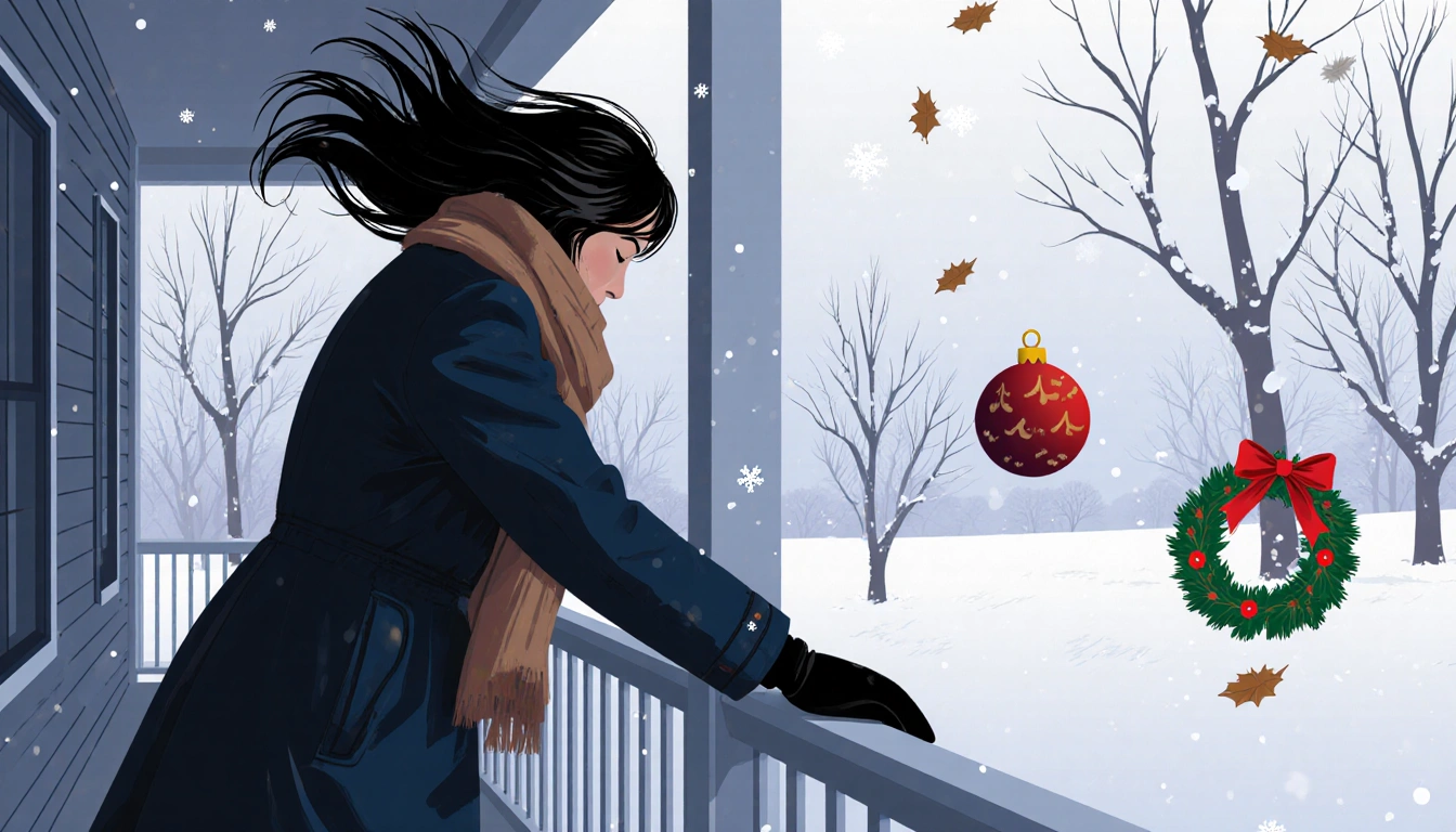 Person gripping porch railing in winter with wind blowing hair and ornament off the porch.