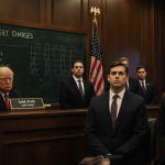 Former Trump attorneys standing before judge with chalkboard of 11 forgery charges and flickering case status screen