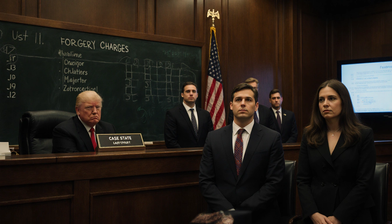 Former Trump attorneys standing before judge with chalkboard of 11 forgery charges and flickering case status screen
