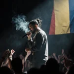 Wiz Khalifa performing on stage with spotlight on his mic and smoke rising from the stand with Romanian flag behind him