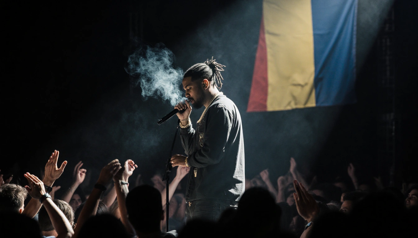 Wiz Khalifa performing on stage with spotlight on his mic and smoke rising from the stand with Romanian flag behind him