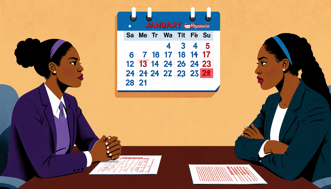 Negotiators debating contract with deadline calendar behind them and one side clasping hands while the other crosses arms