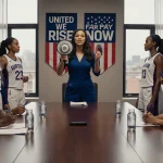 Union leader addressing players with megaphone and banners in a tense meeting room