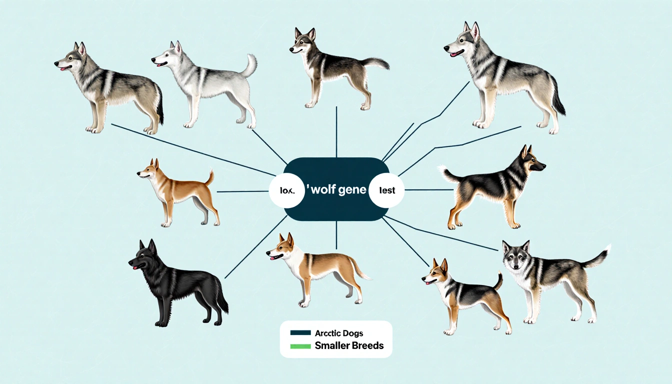 Genetic pedigree chart linking a central wolf gene node to dog breeds with thick coats and compact frames labeled size.