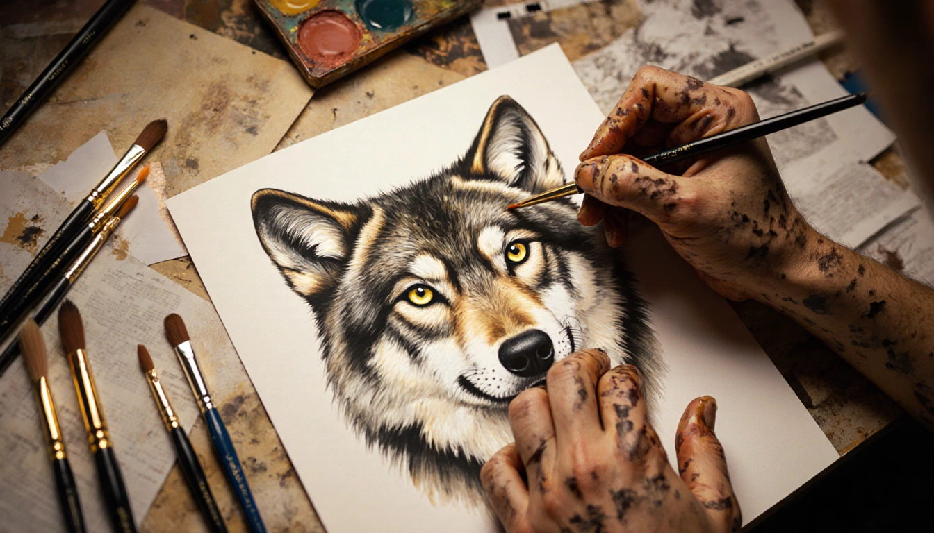Victor Chevalier’s hands adding detail to wolf illustration with glowing eyes and warm golden light near art supplies