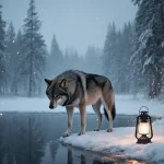 Lone wolf standing on frozen pond edge with soft lantern glow and misty forest background