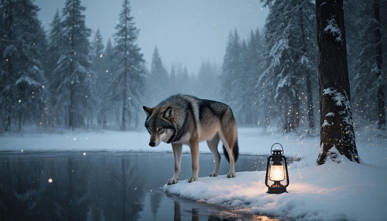 Lone wolf standing on frozen pond edge with soft lantern glow and misty forest background