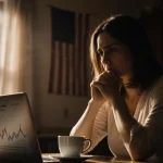 Woman sitting at kitchen table sipping coffee with a CPI graph on her phone and a faded American flag in the background