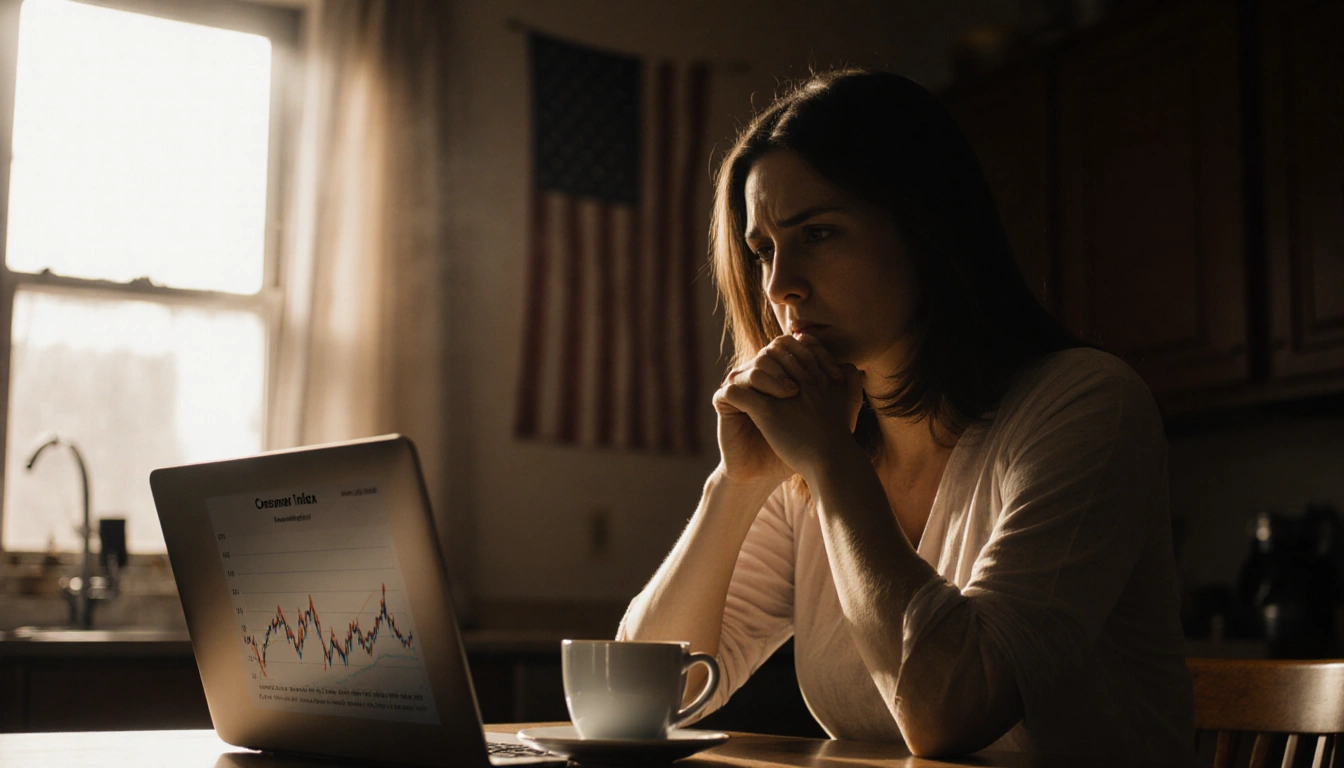 Woman sitting at kitchen table sipping coffee with a CPI graph on her phone and a faded American flag in the background