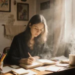Woman sits at a small wooden desk reading her diary with warm morning light and a steaming cup of coffee.