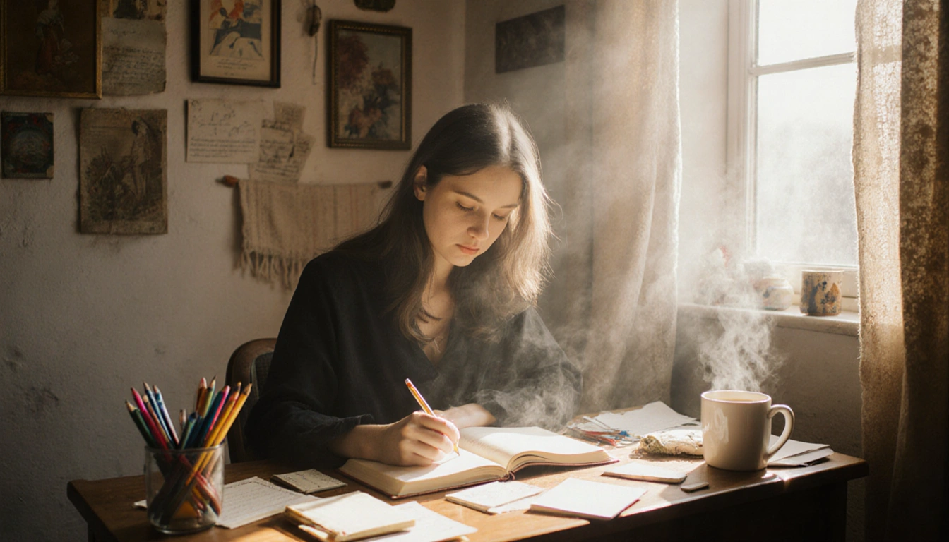 Woman sits at a small wooden desk reading her diary with warm morning light and a steaming cup of coffee.