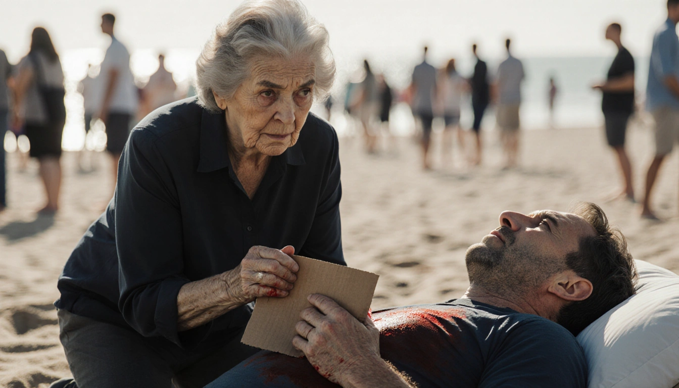 Woman kneeling holding blood‑stained cardboard pressing against husband's chest in grief with a blurred beach background