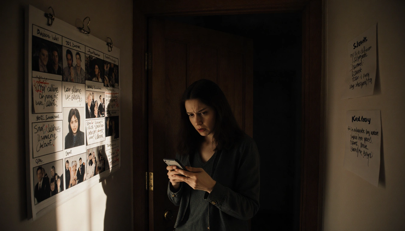 Woman standing in dark hallway with phone showing threatening messages near an ajar wooden door and a calendar collage