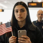 Young woman holding flag and smartphone looking confidently before blurred airport security checkpoint with her father