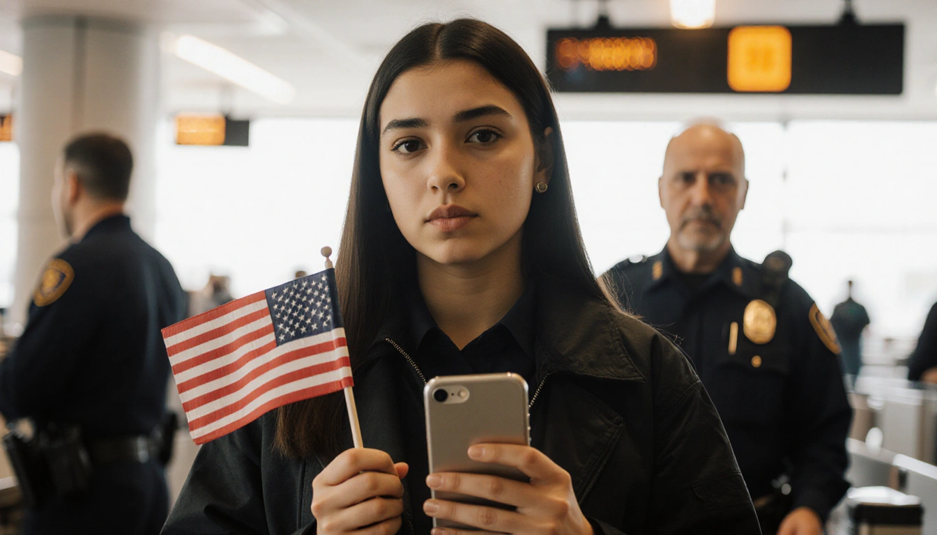 Young woman holding flag and smartphone looking confidently before blurred airport security checkpoint with her father