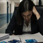 Woman in business attire bows her head at a desk with scattered credit cards and financial documents showing accountability